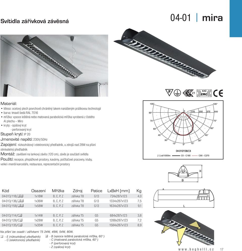 Montáž: zavěšení na lankový závěs (120 cm), závěs je součástí svítidla Použití: recepce, přepážkové prostory, kavárny, počítačové pracovny, kluby, velké i menší kanceláře, restaurace, reprezentační