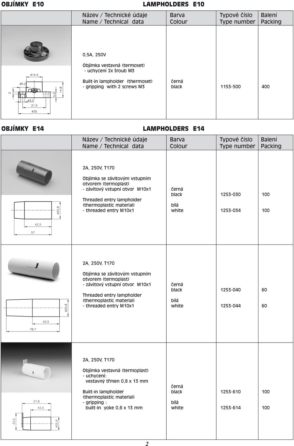 1253-030 1253-034 2A, 250V, T170 otvorem (termoplast) 1253-0 1253-044 60 60 2A, 250V, T170 Objímka vestavná