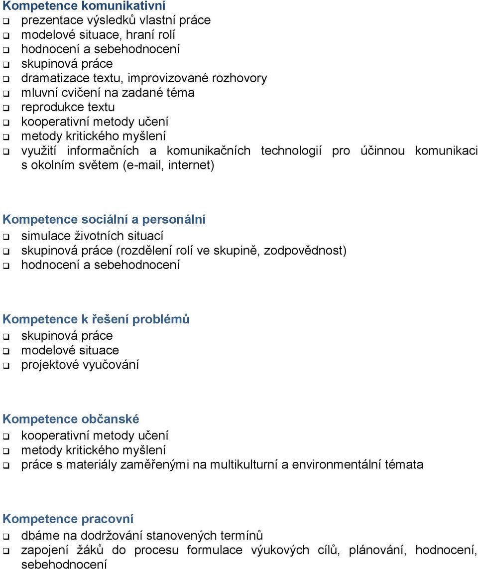 sociální a personální simulace životních situací skupinová práce (rozdělení rolí ve skupině, zodpovědnost) hodnocení a sebehodnocení Kompetence k řešení problémů skupinová práce modelové situace