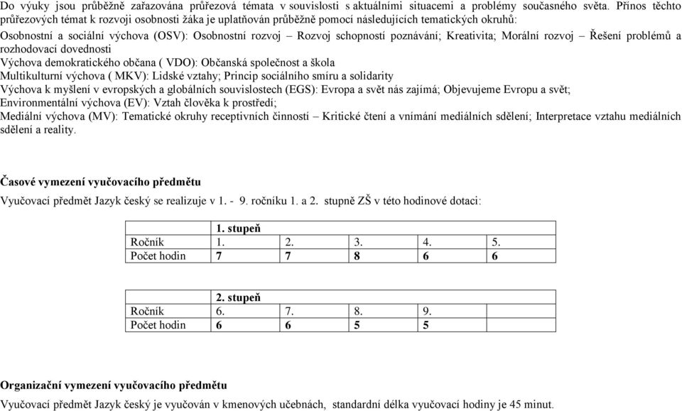 poznávání; Kreativita; Morální rozvoj Řešení problémů a rozhodovací dovednosti Výchova demokratického občana ( VDO): Občanská společnost a škola Multikulturní výchova ( MKV): Lidské vztahy; Princip