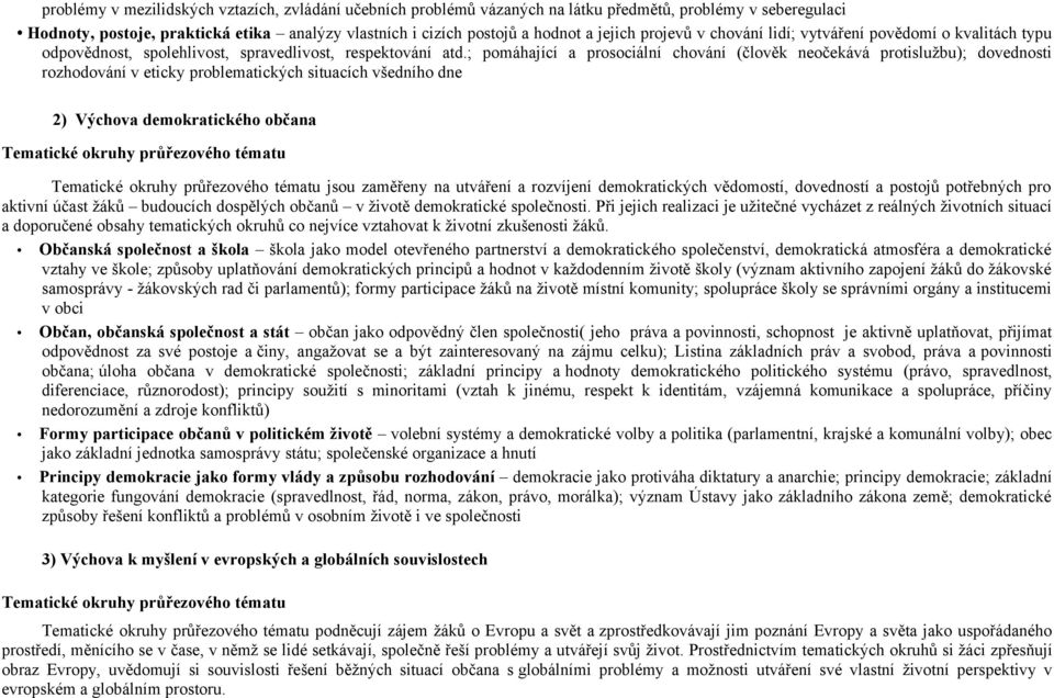 ; pomáhající a prosociální chování (člověk neočekává protislužbu); dovednosti rozhodování v eticky problematických situacích všedního dne 2) Výchova demokratického občana Tematické okruhy průřezového