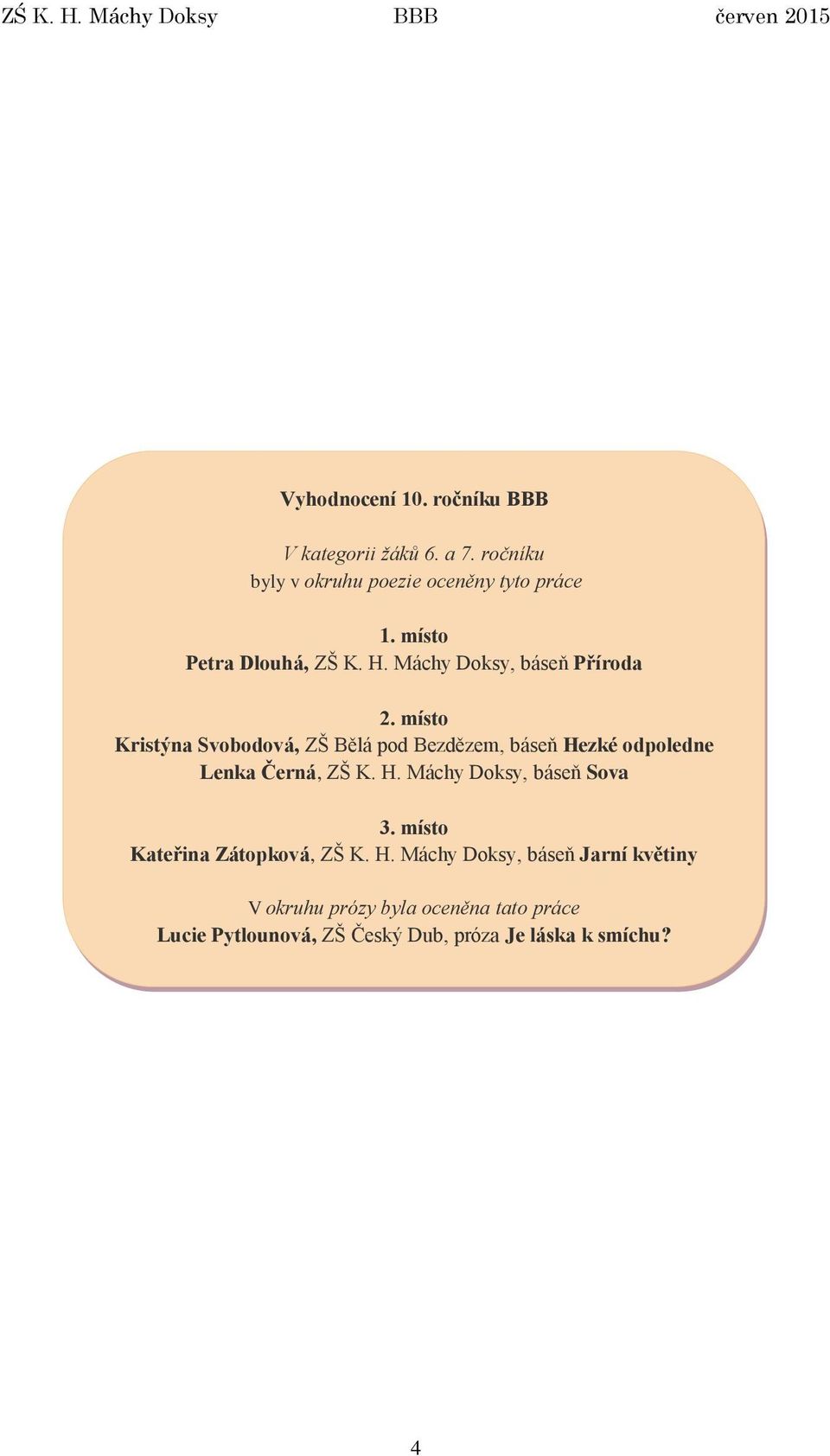 místo Kristýna Svobodová, ZŠ Bělá pod Bezdězem, báseň Hezké odpoledne Lenka Černá, ZŠ K. H. Máchy Doksy, báseň Sova 3.