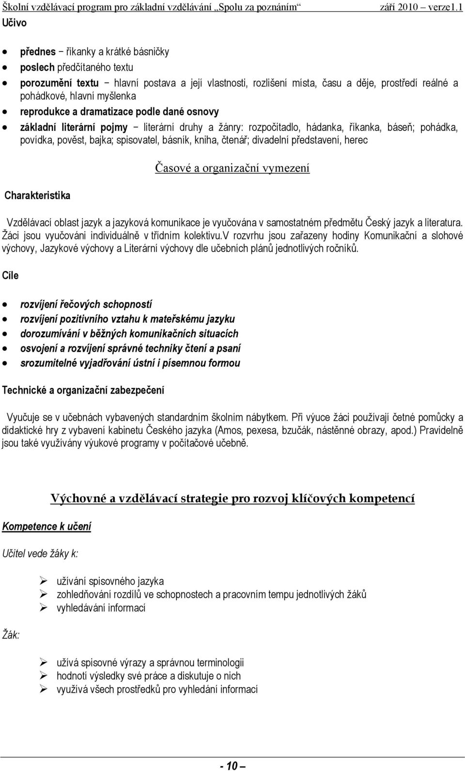 představení, herec Charakteristika Časové a organizační vymezení Vzdělávací oblast jazyk a jazyková komunikace je vyučována v samostatném předmětu Český jazyk a literatura.