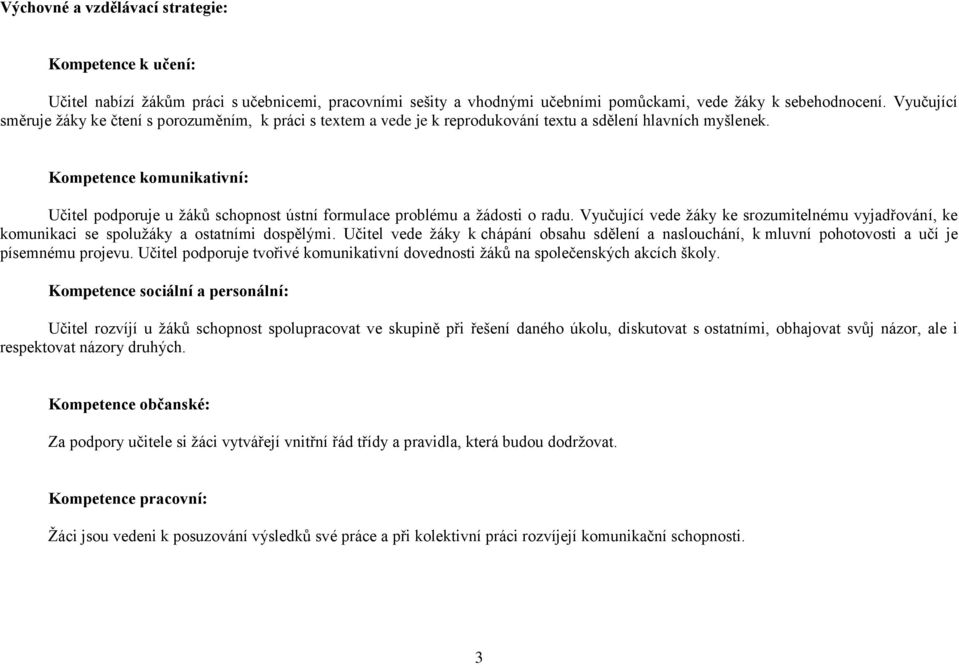 Kompetence komunikativní: Učitel podporuje u žáků schopnost ústní formulace problému a žádosti o radu.