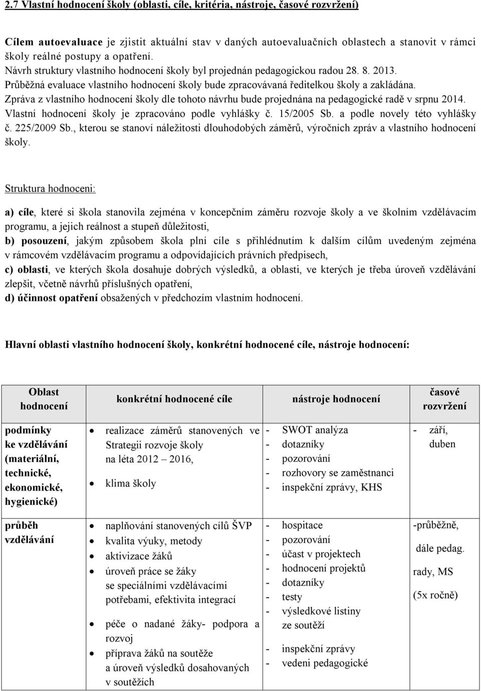 Zpráva z vlastního hodnocení školy dle tohoto návrhu bude projednána na pedagogické radě v srpnu 2014. Vlastní hodnocení školy je zpracováno podle vyhlášky č. 15/2005 Sb.