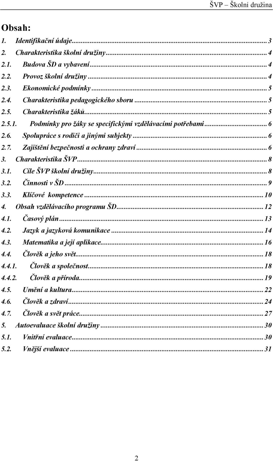 .. 6 3. Charakteristika ŠVP... 8 3.1. Cíle ŠVP školní družiny... 8 3.2. Činnosti v ŠD... 9 3.3. Klíčové kompetence... 10 4. Obsah vzdělávacího programu ŠD... 12 4.1. Časový plán... 13 4.2. Jazyk a jazyková komunikace.