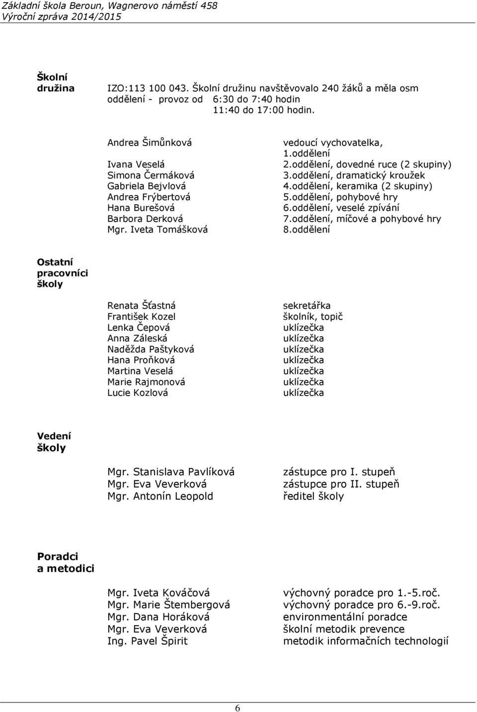 oddělení, dovedné ruce (2 skupiny) 3.oddělení, dramatický kroužek 4.oddělení, keramika (2 skupiny) 5.oddělení, pohybové hry 6.oddělení, veselé zpívání 7.oddělení, míčové a pohybové hry 8.