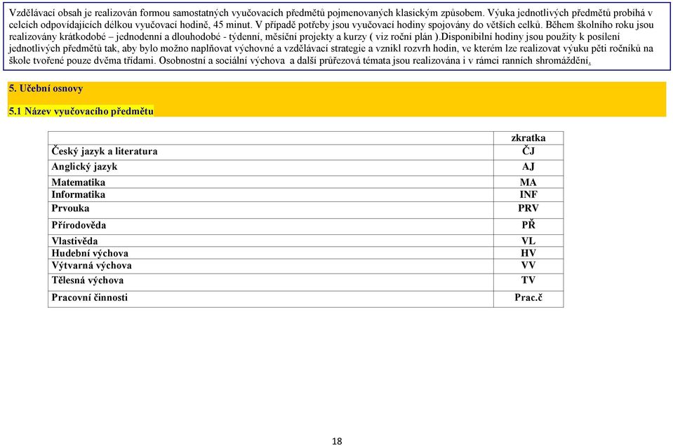 Během školního roku jsou realizovány krátkodobé jednodenní a dlouhodobé - týdenní, měsíční projekty a kurzy ( viz roční plán ).