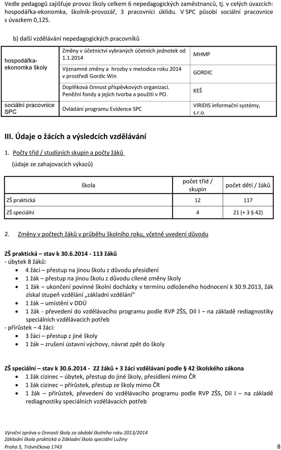 Peněžní fondy a jejich tvorba a použití v PO. Ovládání programu Evidence SPC MHMP GORDIC KEŠ VIRIDIS informační systémy, s.r.o. III. Údaje o žácích a výsledcích vzdělávání 1.