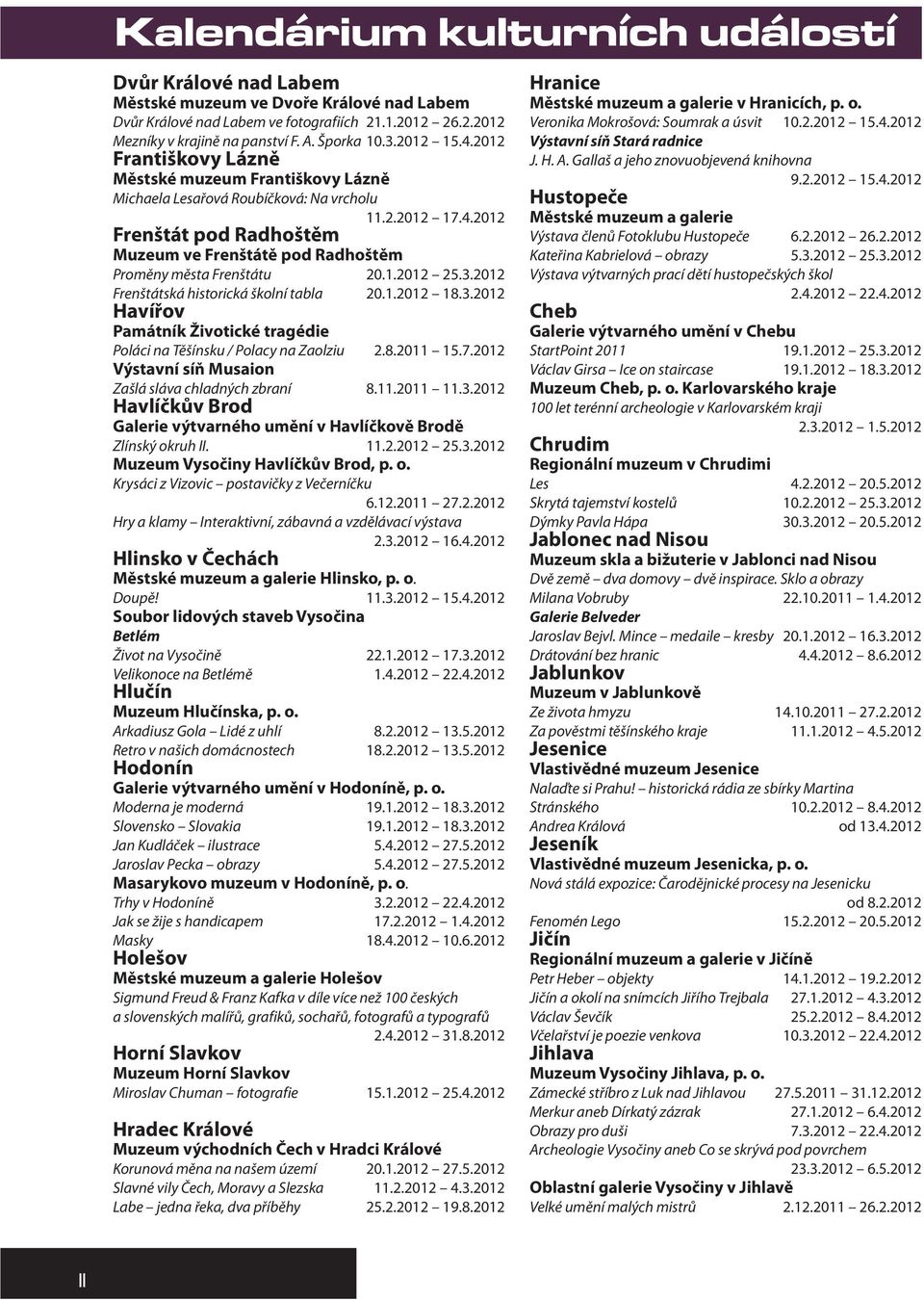 2012 Frenštát pod Radhoštěm Muzeum ve Frenštátě pod Radhoštěm Proměny města Frenštátu 20.1.2012 25.3.2012 Frenštátská historická školní tabla 20.1.2012 18.3.2012 Havířov Památník Životické tragédie Poláci na Těšínsku / Polacy na Zaolziu 2.
