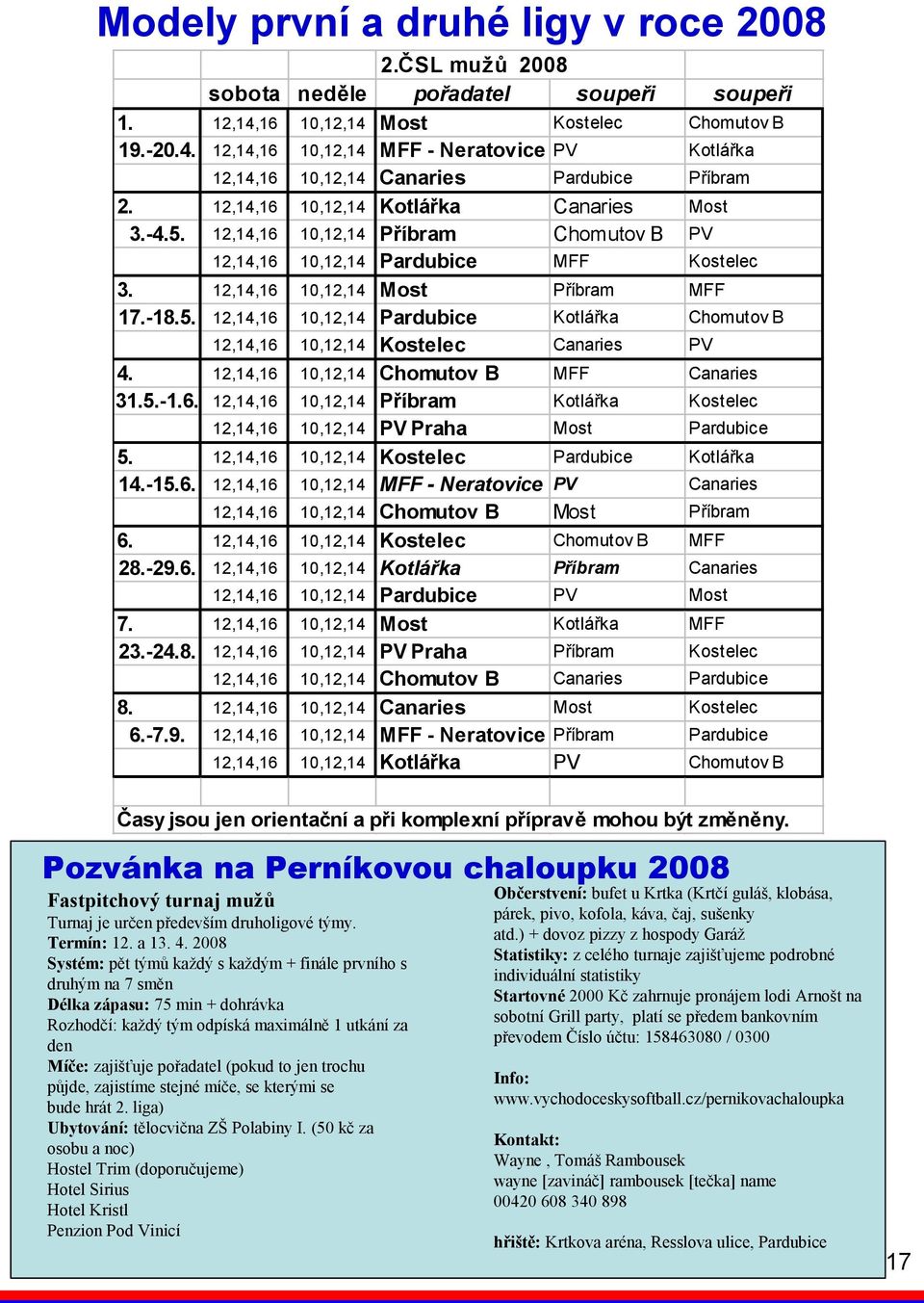 12,14,16 10,12,14 Chomutov B MFF Canaries 31.5.-1.6. 12,14,16 10,12,14 Příbram Kotlářka Kostelec 12,14,16 10,12,14 PV Praha Most Pardubice 5. 12,14,16 10,12,14 Kostelec Pardubice Kotlářka 14.-15.6. 12,14,16 10,12,14 MFF - Neratovice PV Canaries 12,14,16 10,12,14 Chomutov B Most Příbram 6.