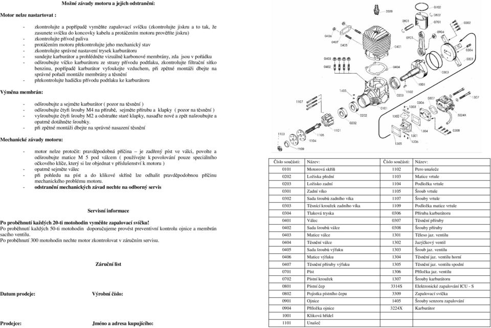 karburátor a prohlédněte vizuálně karbonové membrány, zda jsou v pořádku - odšroubujte víčko karburátoru ze strany přívodu podtlaku, zkontrolujte filtrační sítko benzinu, popřípadě karburátor