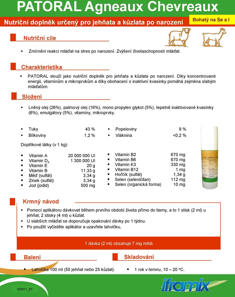 (26%), palmový olej (16%), mono propylen glykol (5%), tepelně inaktivované kvasinky (6%), emulgátory (5%), vitamíny, mikroprvky Tuky 43 % Bílkoviny 1,2 % Popeloviny 9 % Vláknina 0,2 % Doplňkové látky