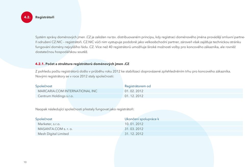 Více než 40 registrátorů umožňuje široké možnosti volby pro koncového zákazníka, ale rovněž dostatečnou hospodářskou soutěž. 4.2.1. Počet a struktura registrátorů doménových jmen.