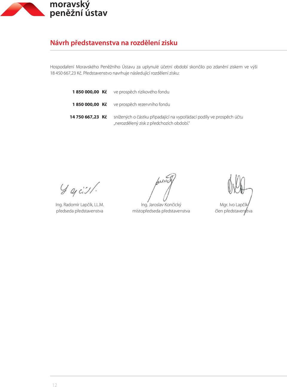 Představenstvo navrhuje následující rozdělení zisku: 1 850 000,00 Kč ve prospěch rizikového fondu 1 850 000,00 Kč ve prospěch rezervního