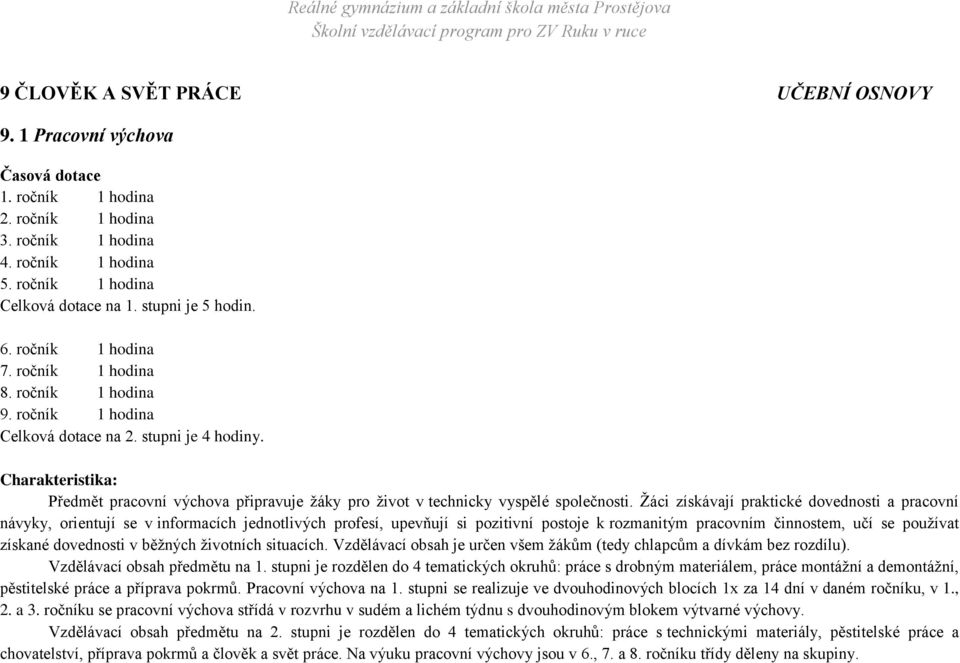 Charakteristika: Předmět pracovní výchova připravuje žáky pro život v technicky vyspělé společnosti.