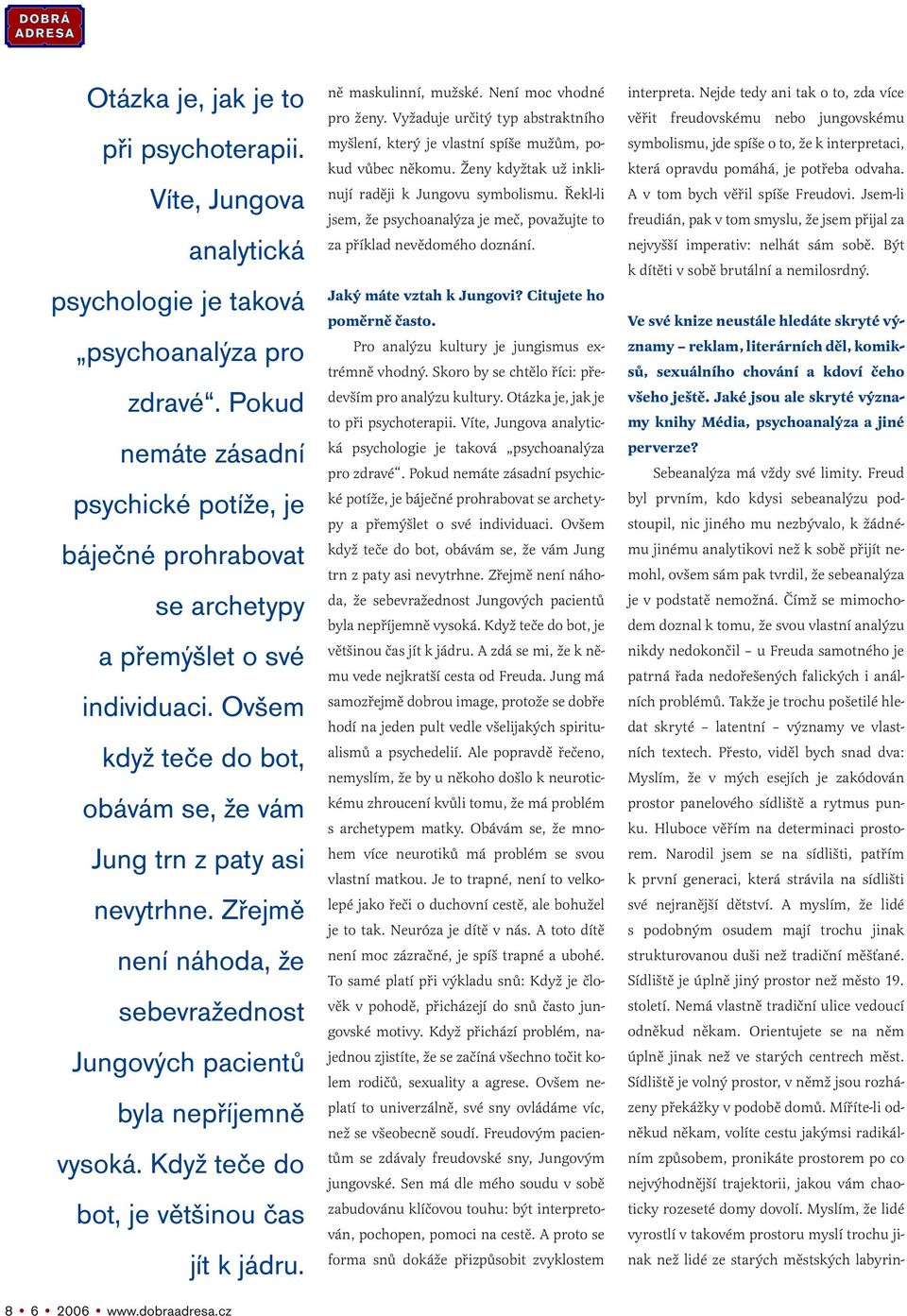 Zřejmě není náhoda, že sebevražednost Jungových pacientů byla nepříjemně vysoká. Když teče do bot, je většinou čas jít k jádru. 8 6 2006 www.dobraadresa.cz ně maskulinní, mužské.