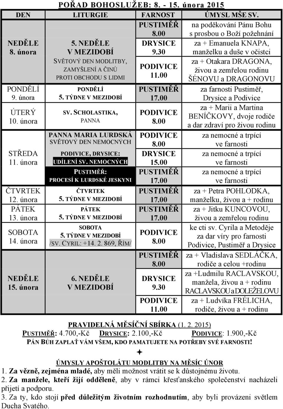 Podivice za + Marii a Martina BENÍČKOVY, dvoje rodiče a dar zdraví pro živou rodinu za nemocné a trpící ve farnosti za nemocné a trpící ve farnosti za nemocné a trpící ve farnosti za + Petra