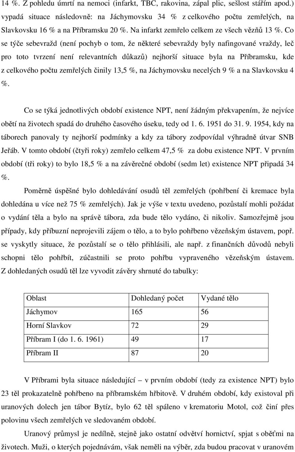 Co se týče sebevražd (není pochyb o tom, že některé sebevraždy byly nafingované vraždy, leč pro toto tvrzení není relevantních důkazů) nejhorší situace byla na Příbramsku, kde z celkového počtu