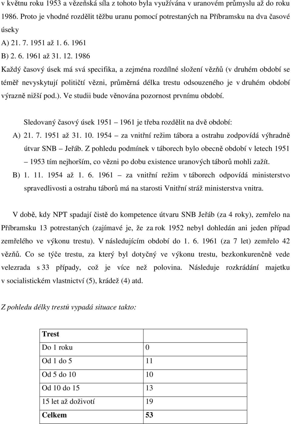 1986 Každý časový úsek má svá specifika, a zejména rozdílné složení vězňů (v druhém období se téměř nevyskytují političtí vězni, průměrná délka trestu odsouzeného je v druhém období výrazně nižší pod.