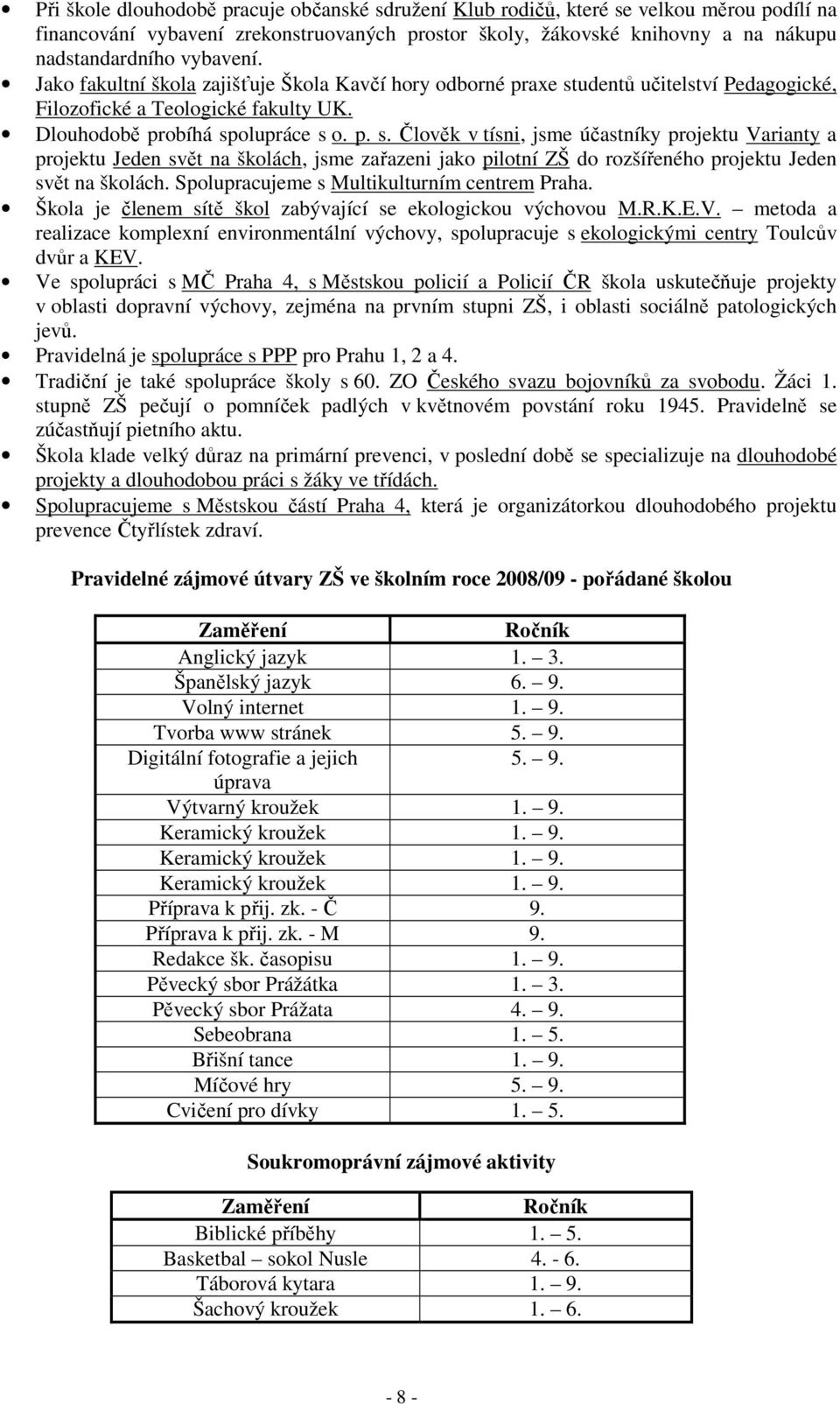 udentů učitelství Pedagogické, Filozofické a Teologické fakulty UK. Dlouhodobě probíhá sp