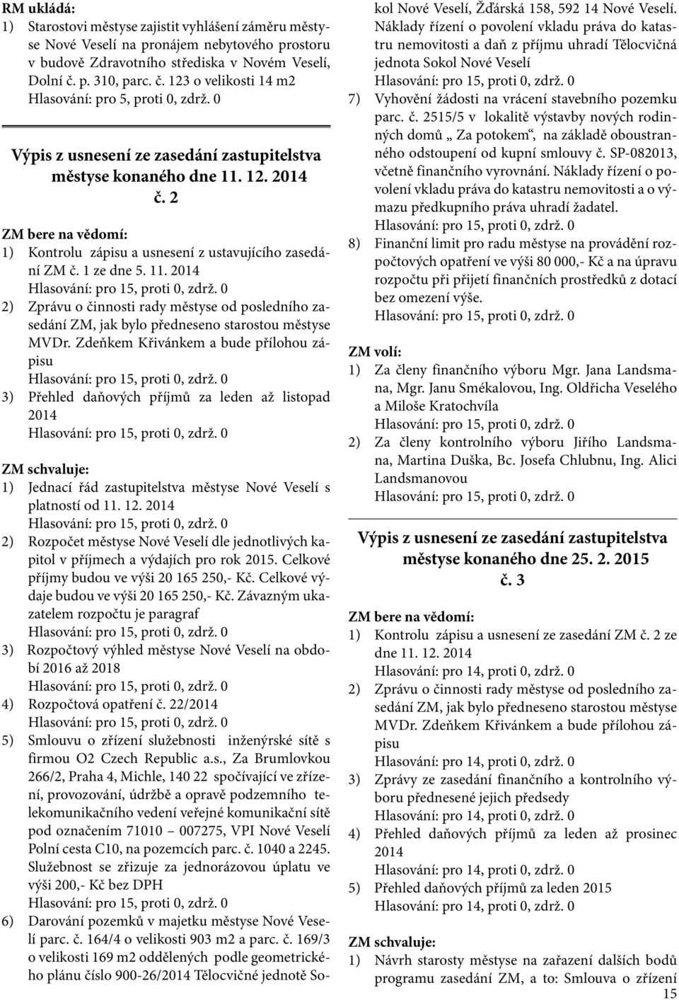 1 ze dne 5. 11. 2014 Hlasování: pro 15, proti 0, zdrž. 0 2) Zprávu o činnosti rady městyse od posledního zasedání ZM, jak bylo předneseno starostou městyse MVDr.