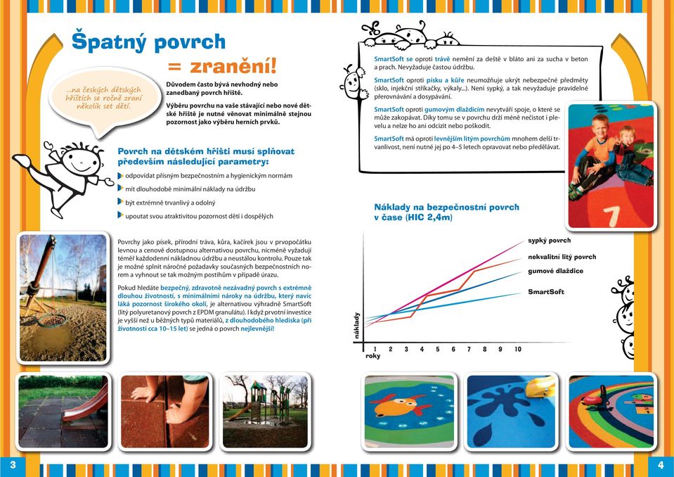 Povrch na dětském hřišti musí splňovat především následující parametry: odpovídat přísným bezpečnostním a hygienickým normám se oproti trávě nemění za deště v bláto ani za sucha v beton a prach.