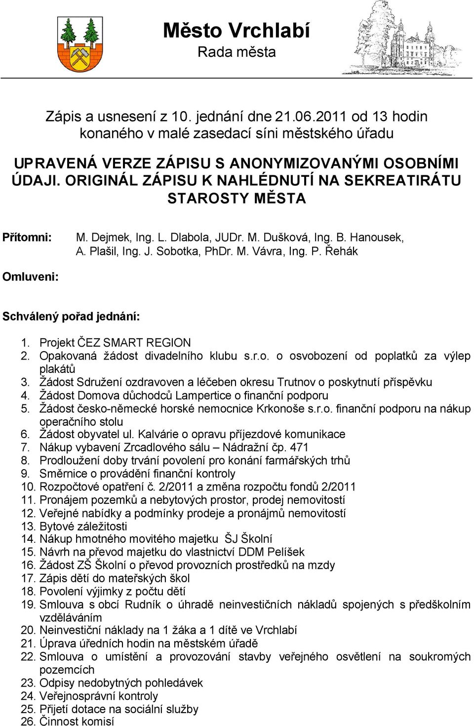 Projekt ČEZ SMART REGION 2. Opakovaná žádost divadelního klubu s.r.o. o osvobození od poplatků za výlep plakátů 3. Žádost Sdružení ozdravoven a léčeben okresu Trutnov o poskytnutí příspěvku 4.