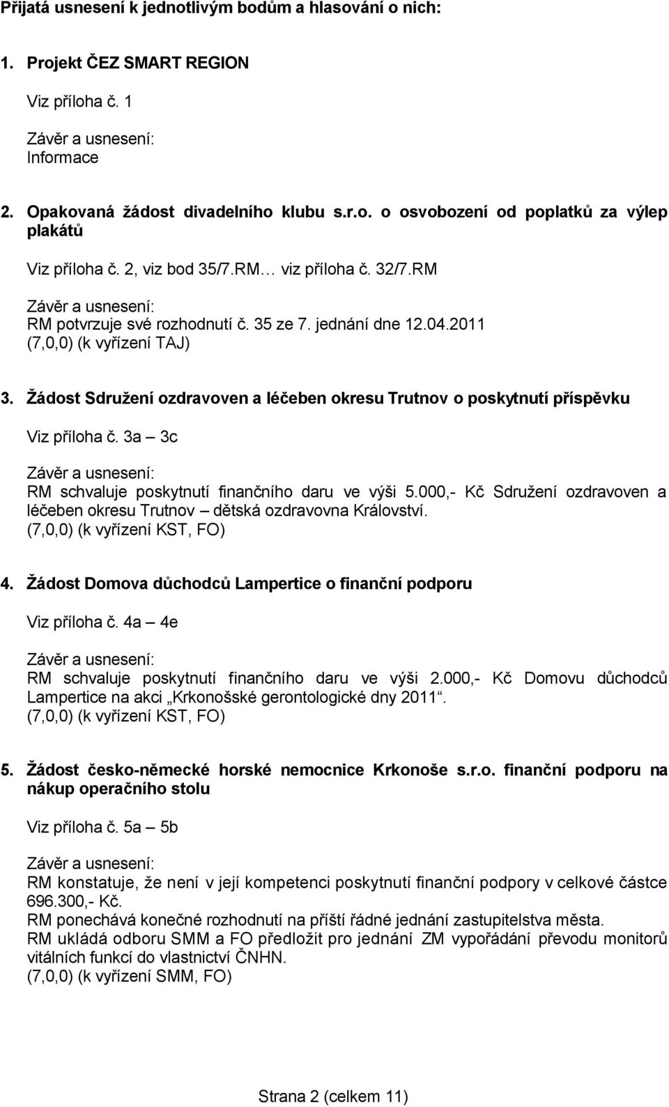 Žádost Sdružení ozdravoven a léčeben okresu Trutnov o poskytnutí příspěvku Viz příloha č. 3a 3c RM schvaluje poskytnutí finančního daru ve výši 5.