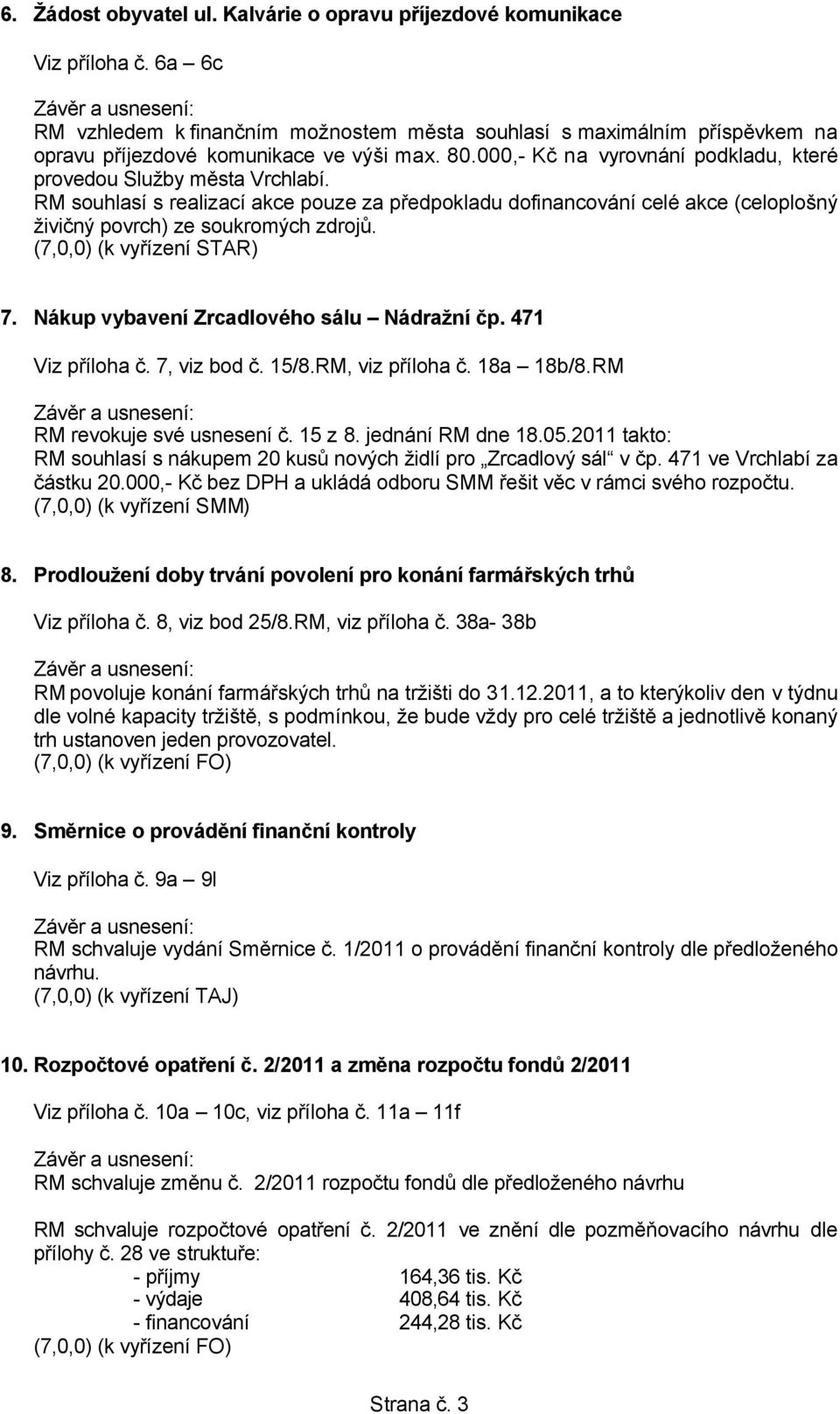 RM souhlasí s realizací akce pouze za předpokladu dofinancování celé akce (celoplošný živičný povrch) ze soukromých zdrojů. (7,0,0) (k vyřízení STAR) 7. Nákup vybavení Zrcadlového sálu Nádražní čp.