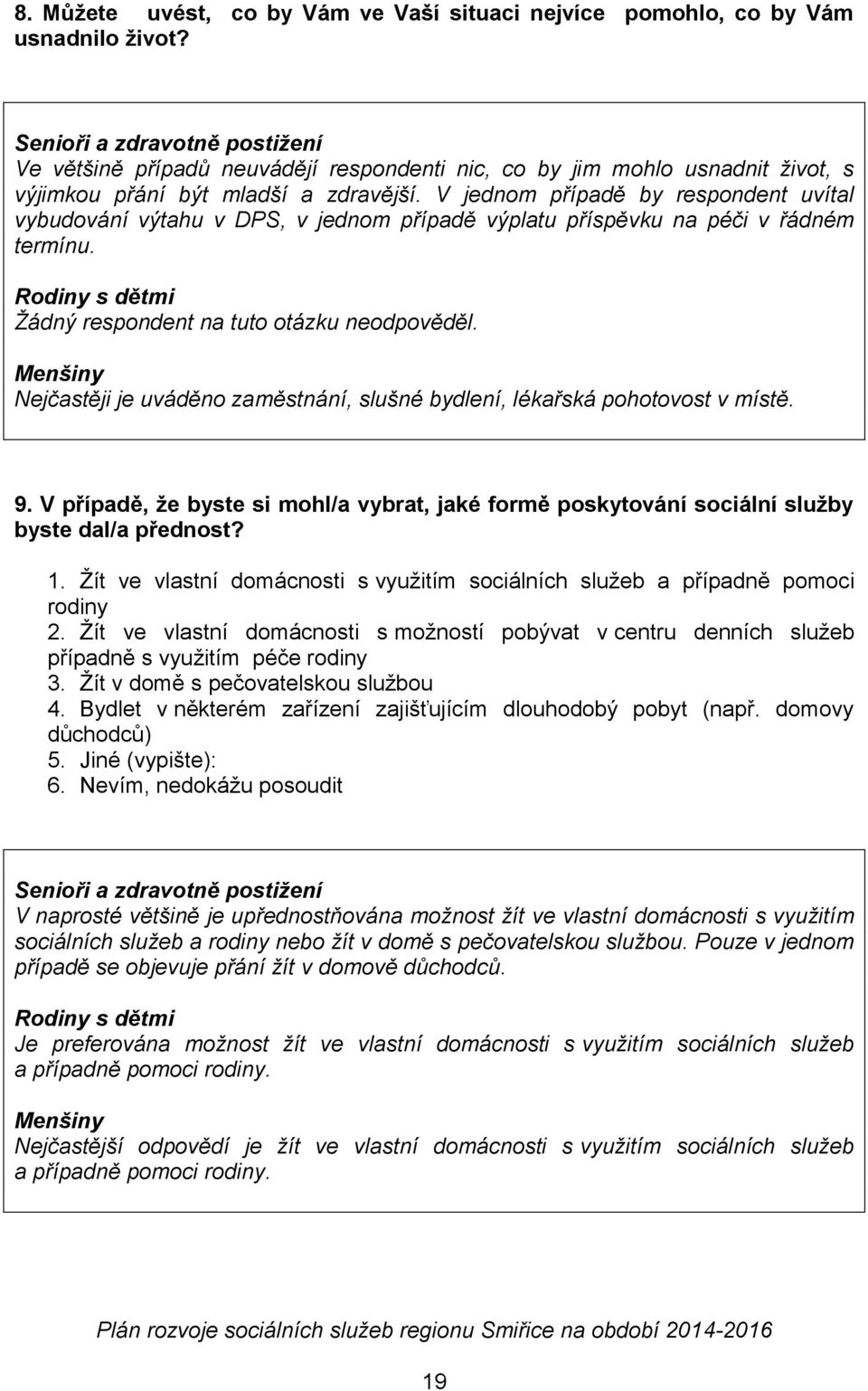 V jednom případě by respondent uvítal vybudování výtahu v DPS, v jednom případě výplatu příspěvku na péči v řádném termínu. Rodiny s dětmi Žádný respondent na tuto otázku neodpověděl.