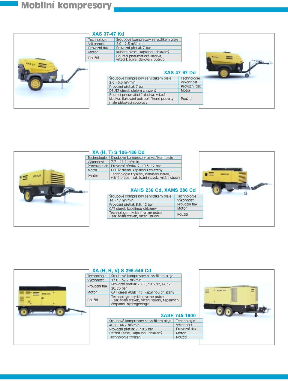 Provozní přetlak 7 bar DEUTZ diesel, olejem chlazený Bourací pneumatická kladiva, vrtací kladiva, tlakování potrubí, řízené podvrty, malé pískovací soupravy XAS 47-97 Dd Provozní tlak XA (H, T) S