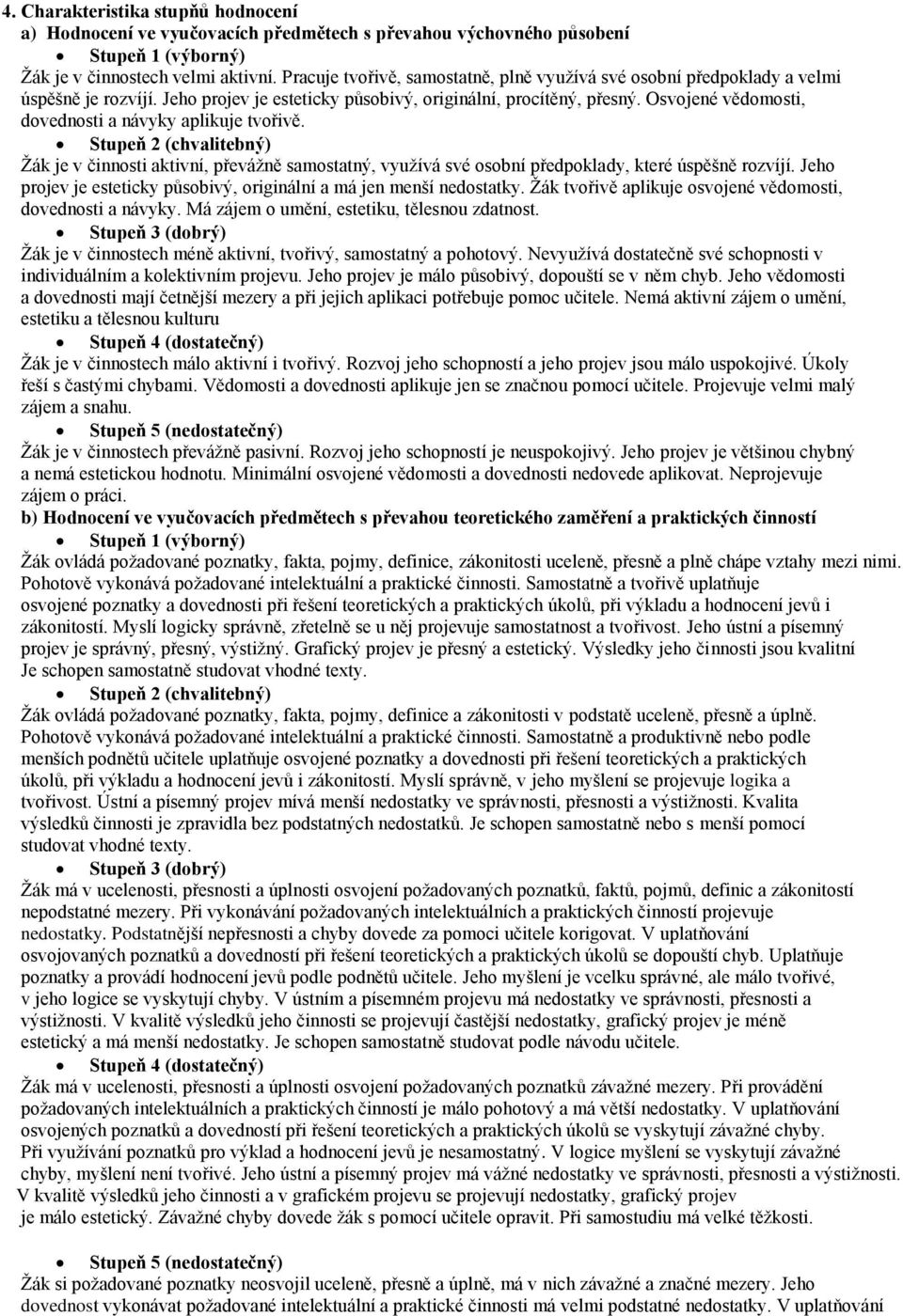 Osvojené vědomosti, dovednosti a návyky aplikuje tvořivě. Stupeň 2 (chvalitebný) Žák je v činnosti aktivní, převážně samostatný, využívá své osobní předpoklady, které úspěšně rozvíjí.