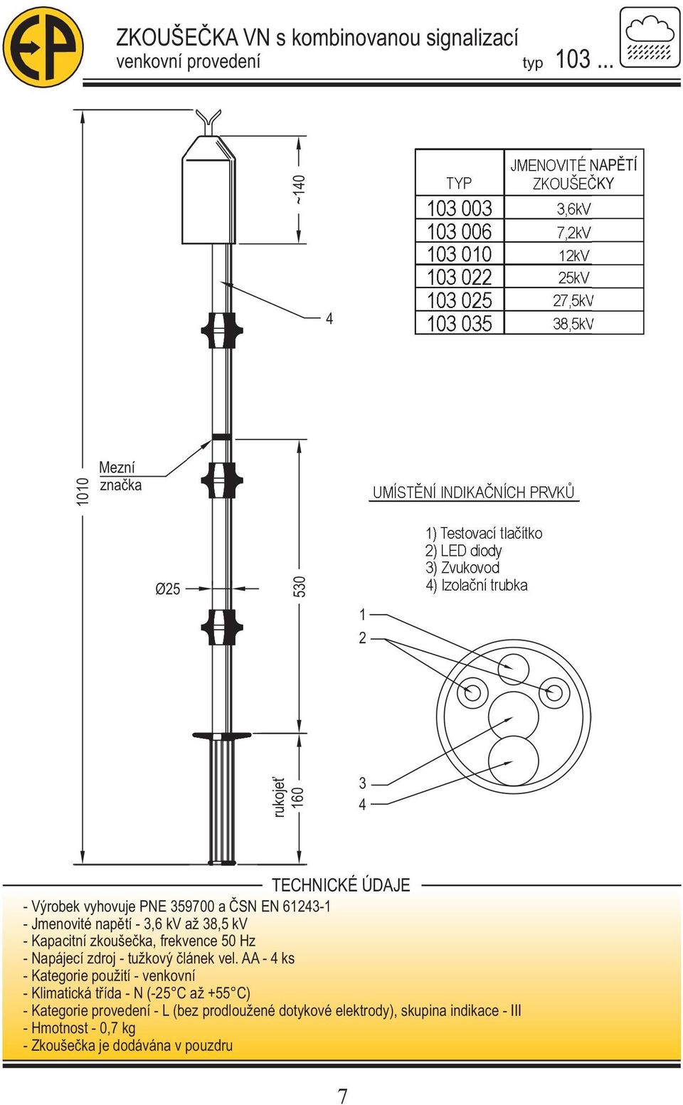 LED diody 3) Zvukovod 4) Izolační trubka rukojeť - Výrobek vyhovuje PNE 359700 a ČSN EN 6143-1 - Jmenovité napětí - 3,6 kv až 38,5 kv - Kapacitní zkoušečka,