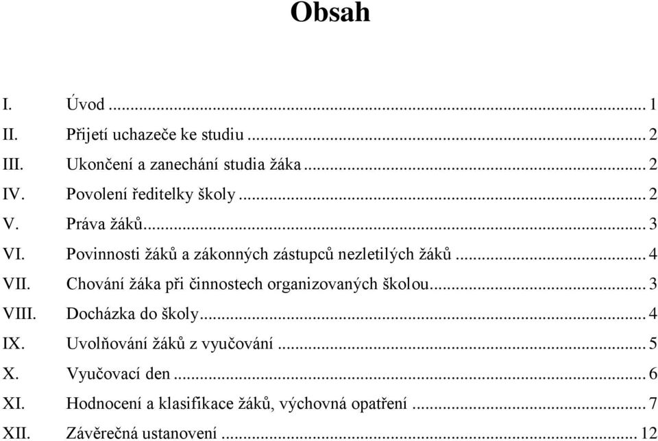 .. 4 VII. Chování žáka při činnostech organizovaných školou... 3 VIII. Docházka do školy... 4 IX.