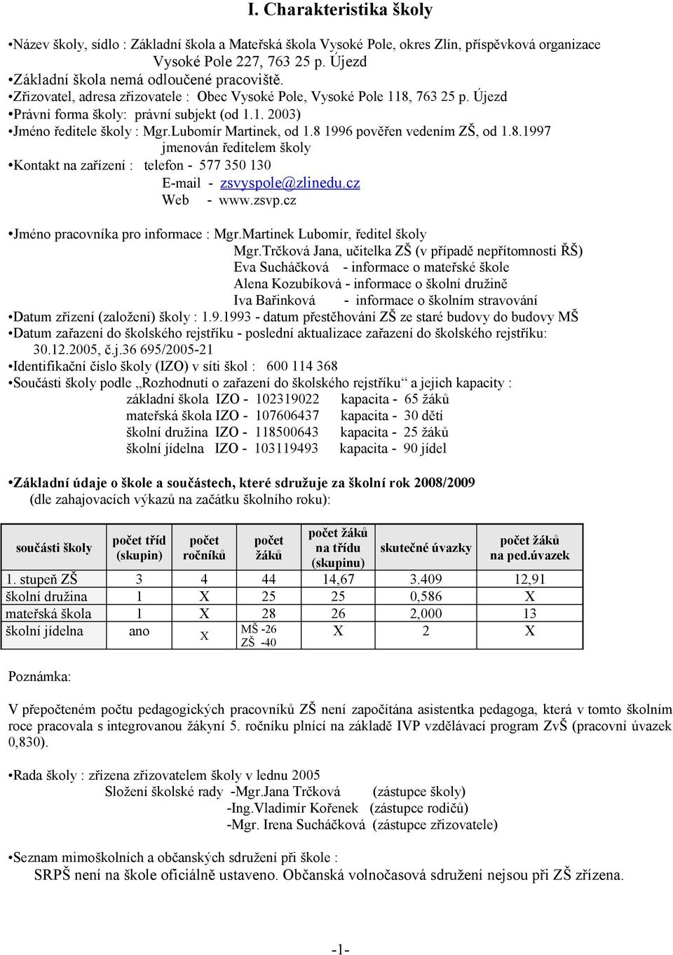 8 1996 pověřen vedením ZŠ, od 1.8.1997 jmenován ředitelem školy Kontakt na zařízení : telefon - 577 350 130 E-mail - zsvyspole@zlinedu.cz Web - www.zsvp.cz Jméno pracovníka pro informace : Mgr.