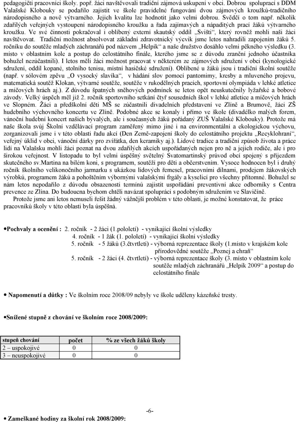 Jejich kvalitu lze hodnotit jako velmi dobrou. Svědčí o tom např. několik zdařilých veřejných vystoupení národopisného kroužku a řada zajímavých a nápaditých prací žáků výtvarného kroužku.