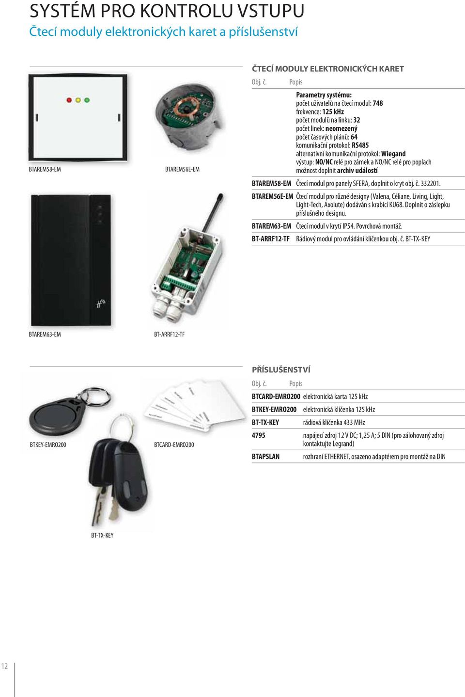 NO/NC relé pro poplach možnost doplnit archiv událostí BTAREM58-EM Čtecí modul pro panely SFERA, doplnit o kryt obj. č. 332201.