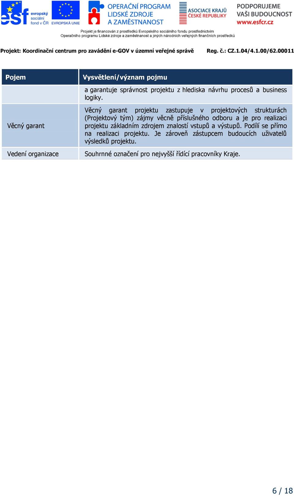 příslušného odboru a je pro realizaci projektu základním zdrojem znalostí vstupů a výstupů.