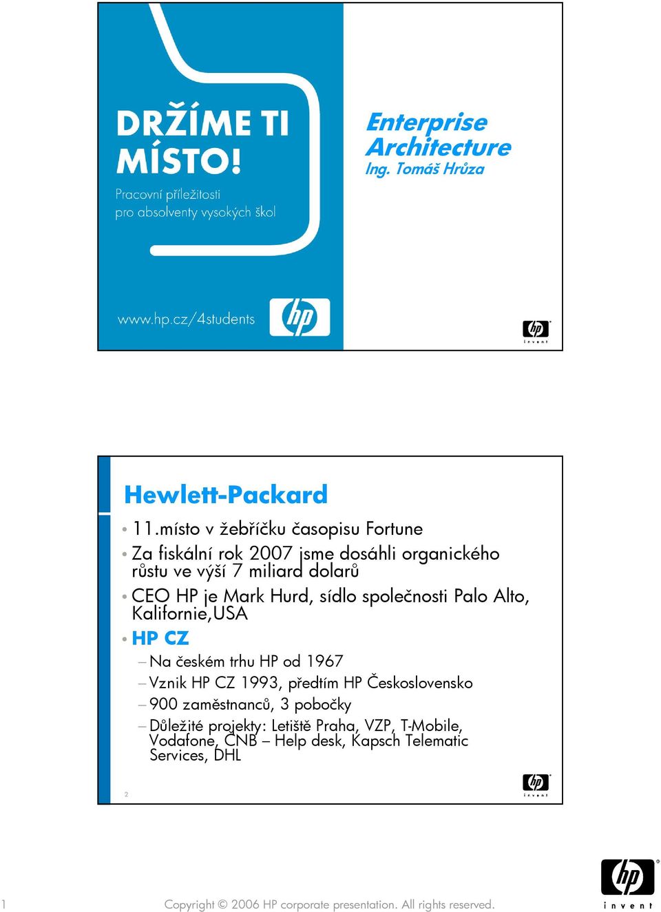 Hurd, sídlo společnosti Palo Alto, Kalifornie,USA HP CZ Na českém trhu HP od 1967 Vznik HP CZ 1993, předtím HP Československo