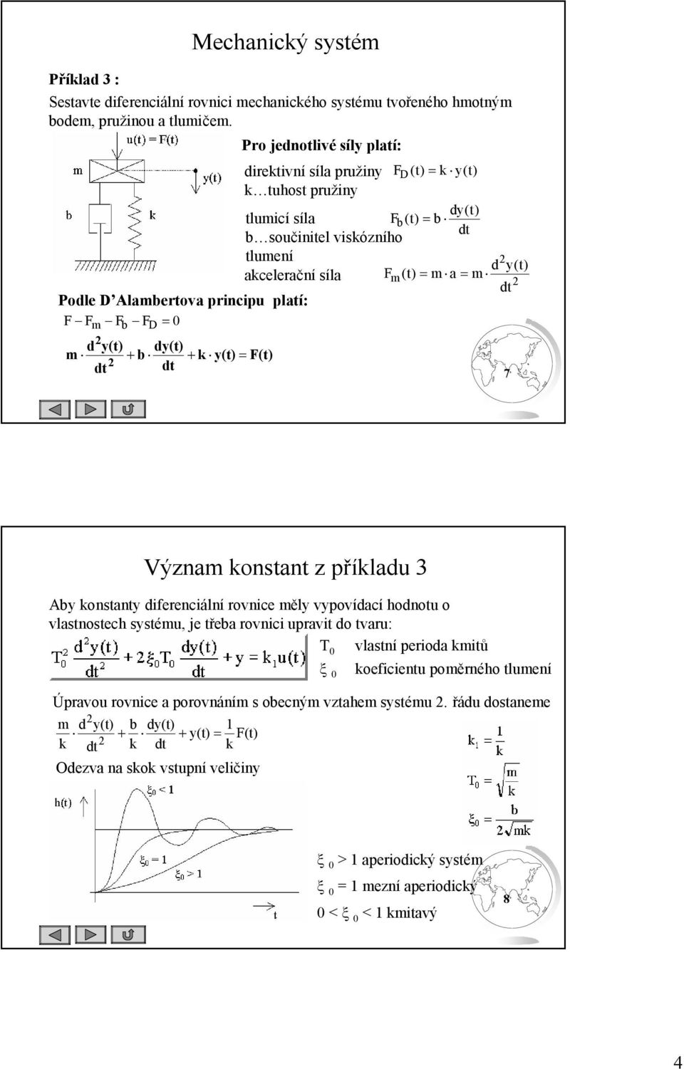 rinciu lí: F Fm Fb FD d y dy m b k y F d d 7 Význm konsn z říkldu 3 Aby konsny diferenciální rovnice měly vyovídcí hodnou o vlsnosech sysému, je řeb rovnici urvi do