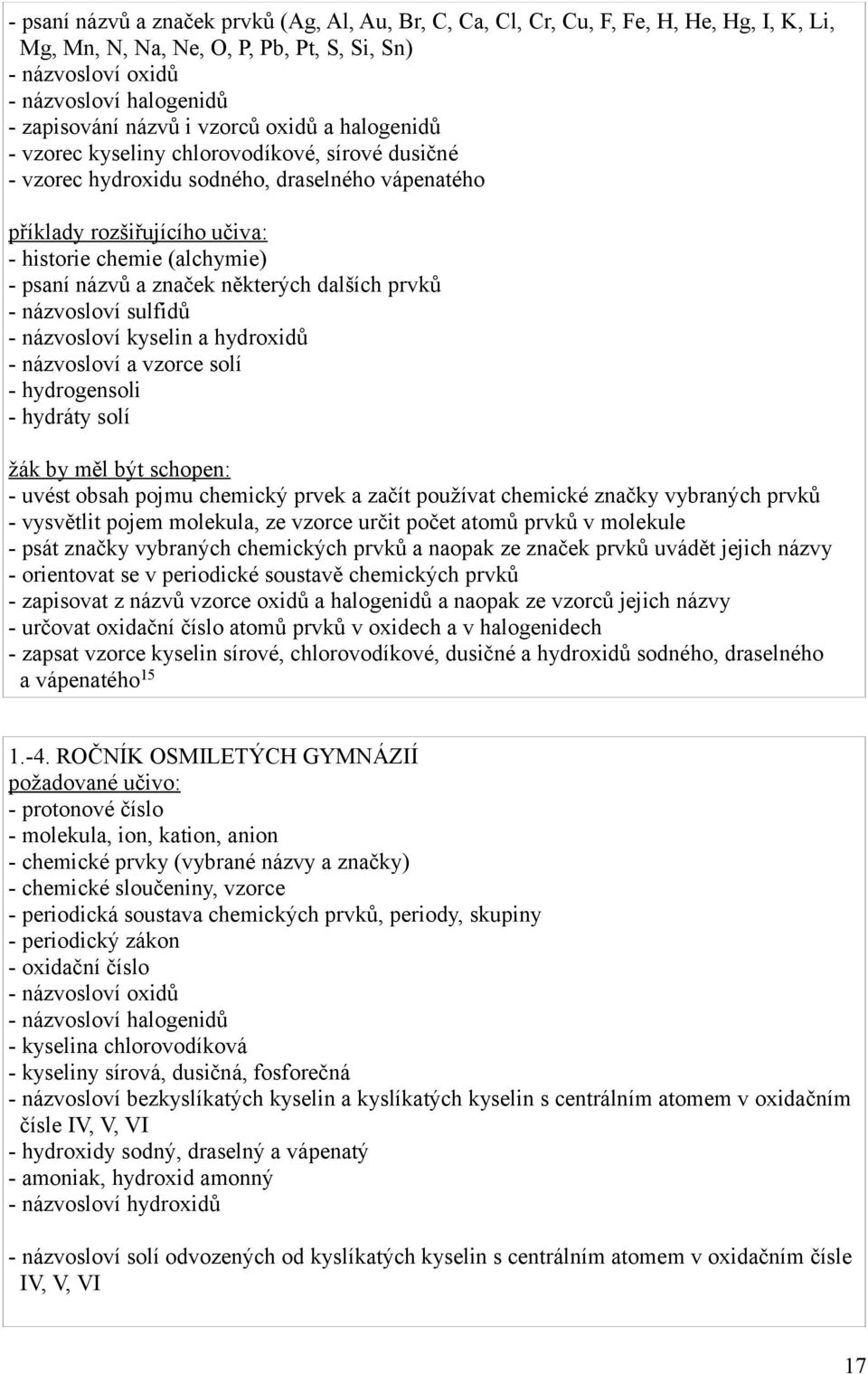 a značek některých dalších prvků - názvosloví sulfidů - názvosloví kyselin a hydroxidů - názvosloví a vzorce solí - hydrogensoli - hydráty solí žák by měl být schopen: - uvést obsah pojmu chemický