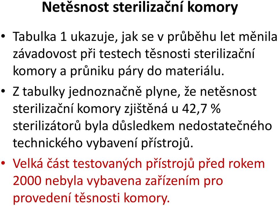 Z tabulky jednoznačně plyne, že netěsnost sterilizační komory zjištěná u 42,7 % sterilizátorů byla