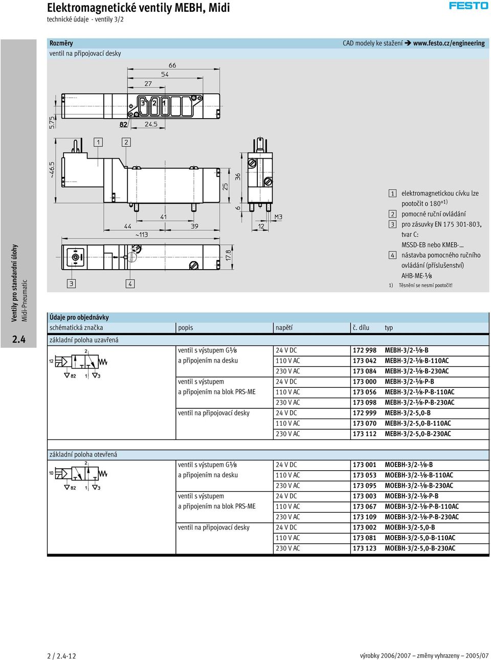 230 V AC 173 084 MEBH-3/2- -B-230AC ventil s výstupem 24 V DC 173 000 MEBH-3/2- -P-B apřipojenímnablokprs-me p 110 V AC 173 056 MEBH-3/2- -P-B-110AC 230 V AC 173 098 MEBH-3/2- -P-B-230AC ventil na