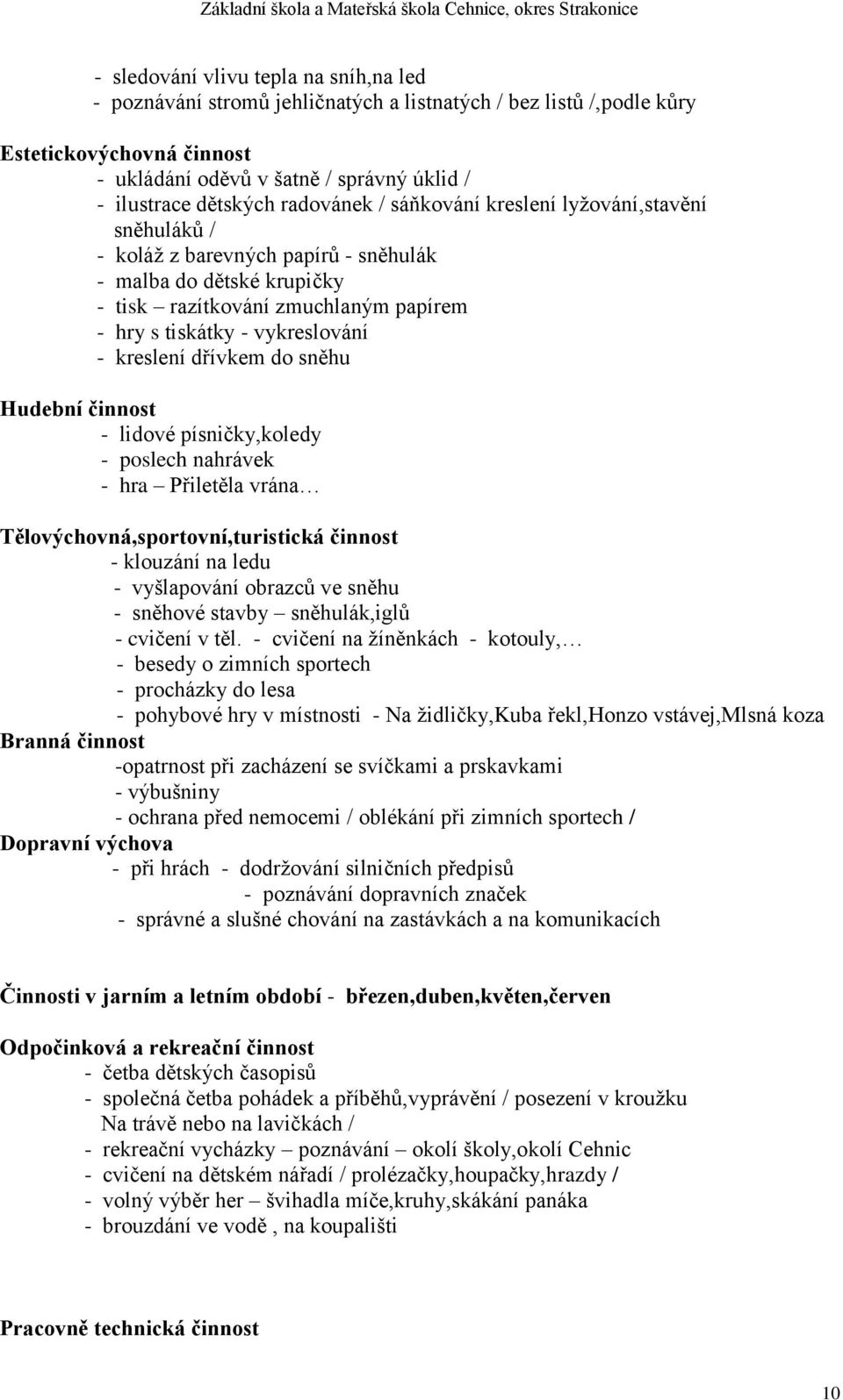 kreslení dřívkem do sněhu Hudební činnost - lidové písničky,koledy - poslech nahrávek - hra Přiletěla vrána Tělovýchovná,sportovní,turistická činnost - klouzání na ledu - vyšlapování obrazců ve sněhu