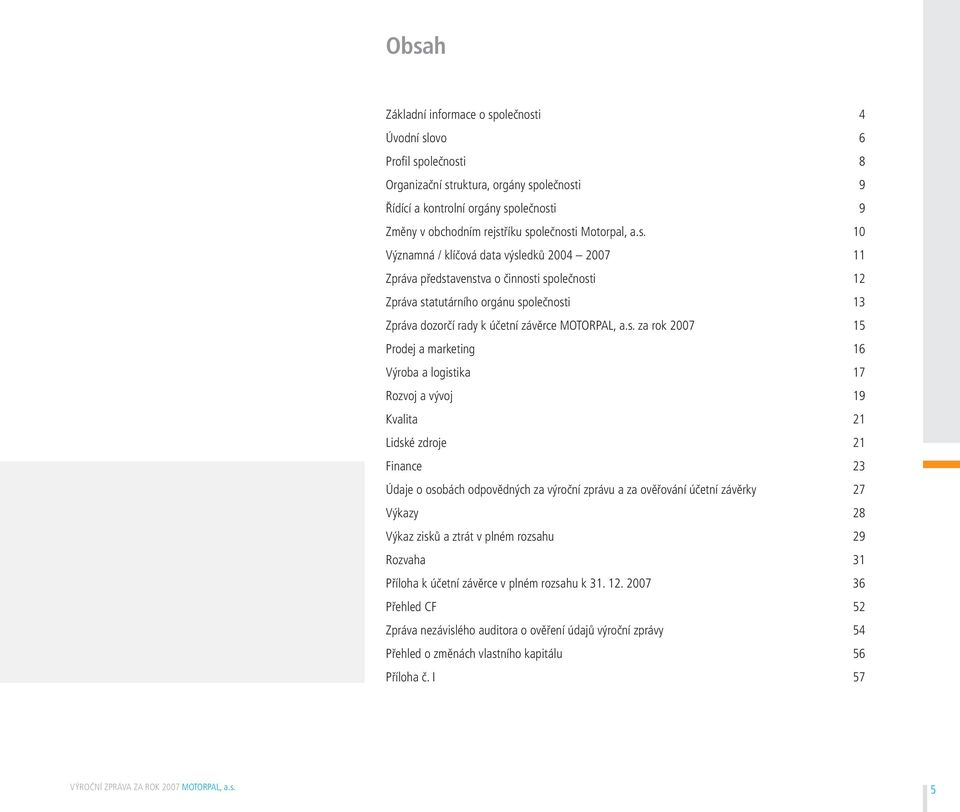 s. za rok 2007 15 Prodej a marketing 16 Výroba a logistika 17 Rozvoj a vývoj 19 Kvalita 21 Lidské zdroje 21 Finance 23 Údaje o osobách odpovědných za výroční zprávu a za ověřování účetní závěrky 27