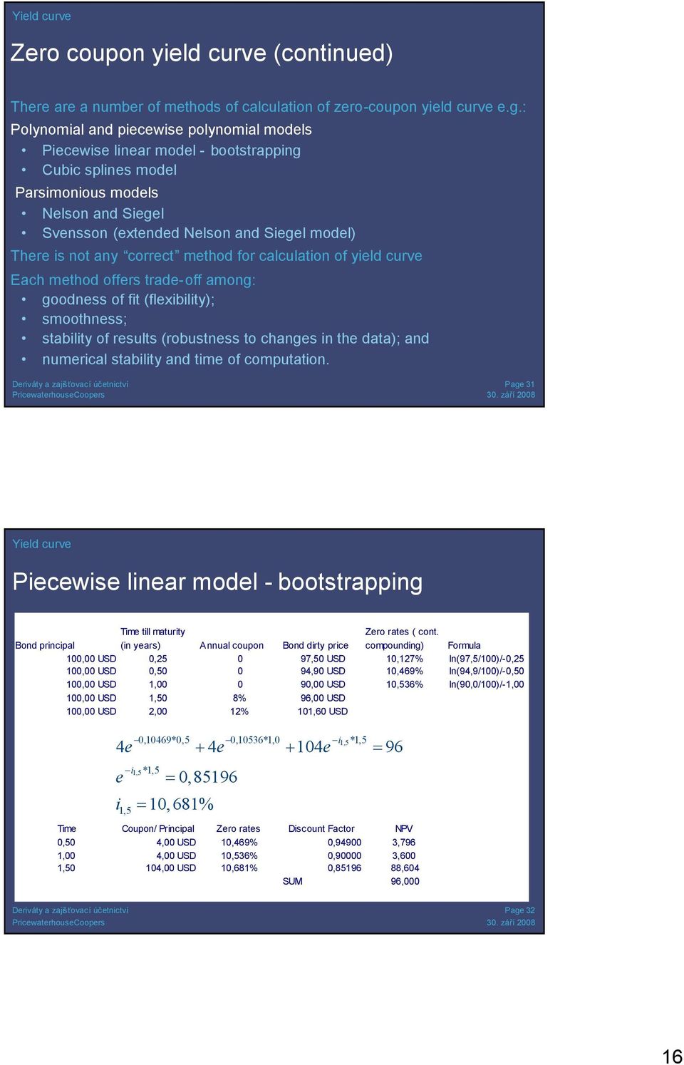 any correct method for calculation of yield curve Each method offers trade-off among: goodness of fit (flexibility); smoothness; stability of results (robustness to changes in the data); and