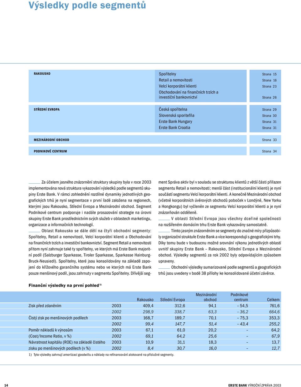 znázornění struktury skupiny byla v roce 2003 implementována nová struktura vykazování výsledků podle segmentů skupiny Erste Bank.