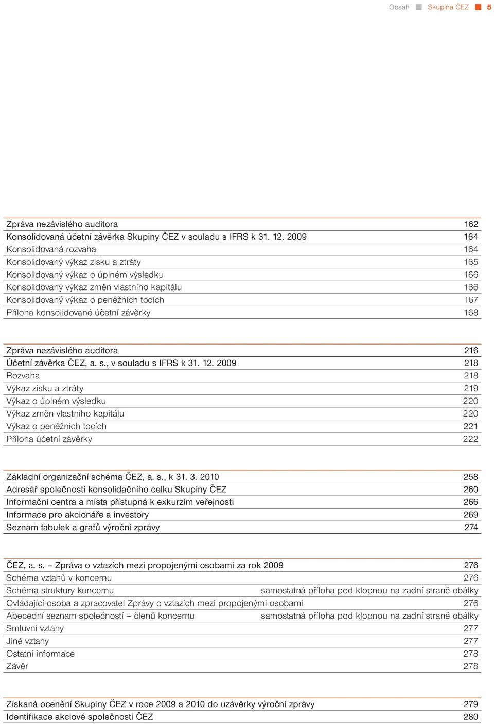 tocích 167 Příloha konsolidované účetní závěrky 168 Zpráva nezávislého auditora 216 Účetní závěrka ČEZ, a. s., v souladu s IFRS k 31. 12.