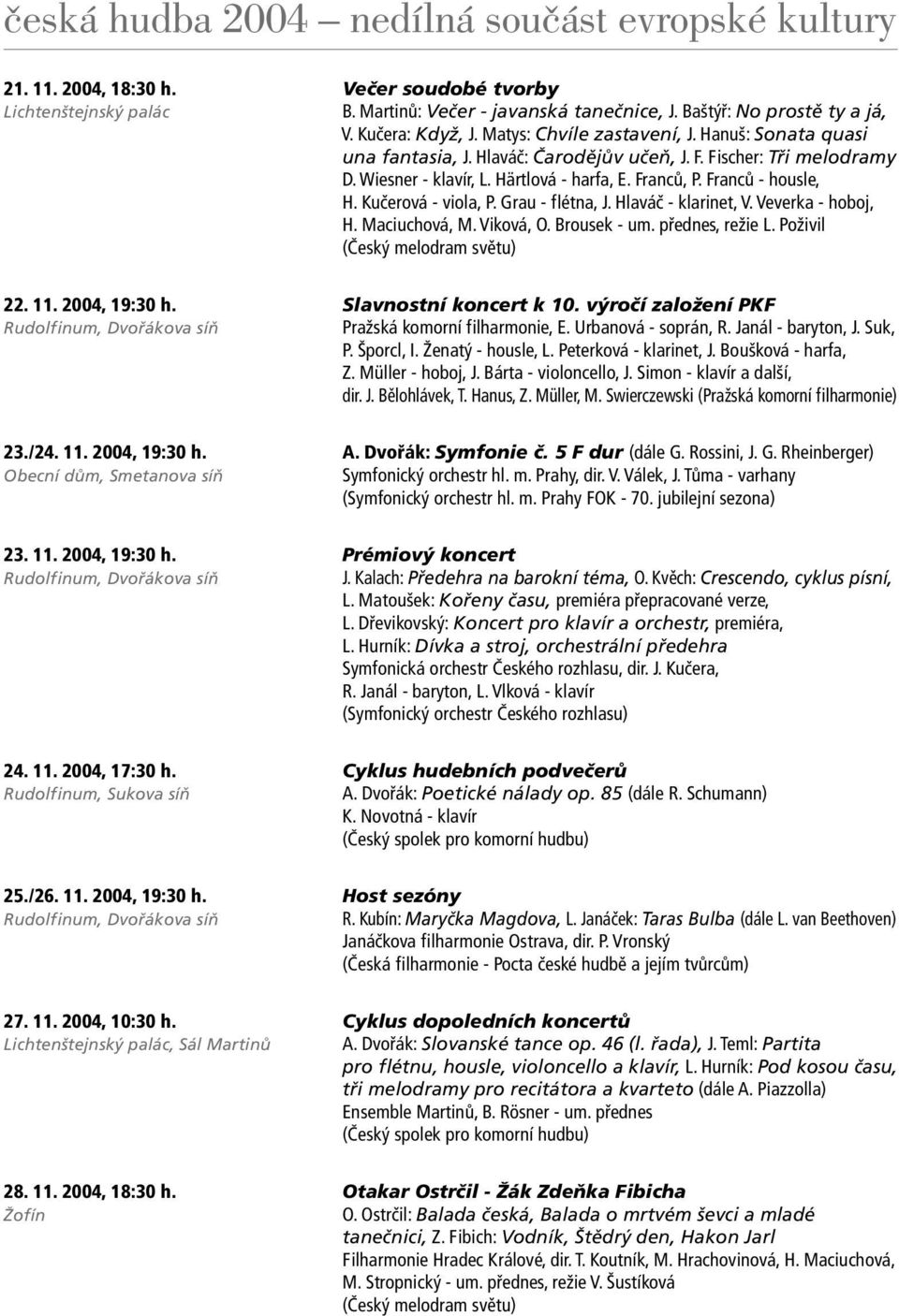 Grau - f létna, J. Hlaváč - klarinet, V. Veverka - hoboj, H. Maciuchová, M. Viková, O. Brousek - um. přednes, režie L. Poživil (Český melodram světu) 22. 11. 2004, 19:30 h. Slavnostní koncert k 10.